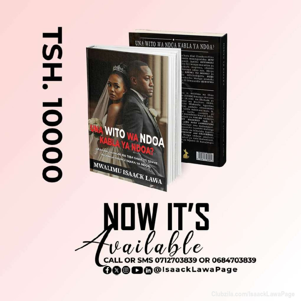 #VitabuVyangu
RAFIKI YANGU eBOOK yangu mpya ya ''UNA WITO WA NDOA KABLA YA NDOA?'' imeshaingia rasmi sokoni kwa gharama ya ''TSH. 10000 TU''.
Kama UPO INTERESTED ANDIKA neno 'WITO WA NDOA' na kisha TUMA ujumbe huo kwenda WHATSAPP namba +255712703839 kupata copy yako mapema.
_________________
@IsaackLawaPage
#Ukiamini_Inawezekana